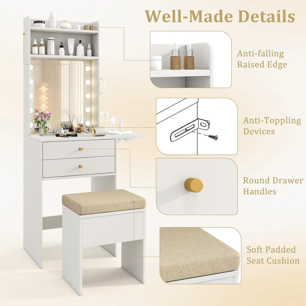 COSTWAY Vanity Desk with Mirror and Lights, Narrow Dressing Table with Foldab...