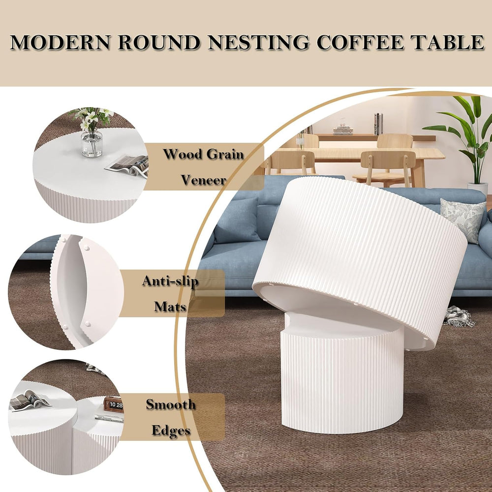 Fluted Round Nesting Coffee Table Set of 2 (AL) | Mid Century Minimalist Circ...