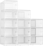 Kuject XX-Large Shoe Storage Boxes Organizers Clear Plastic Stackable 12 Pack, Shoe Rack & Holder Substitute, Sneaker Containers, Toy Storage Organizer Bins for Entryway, Closet, Under Bed, White