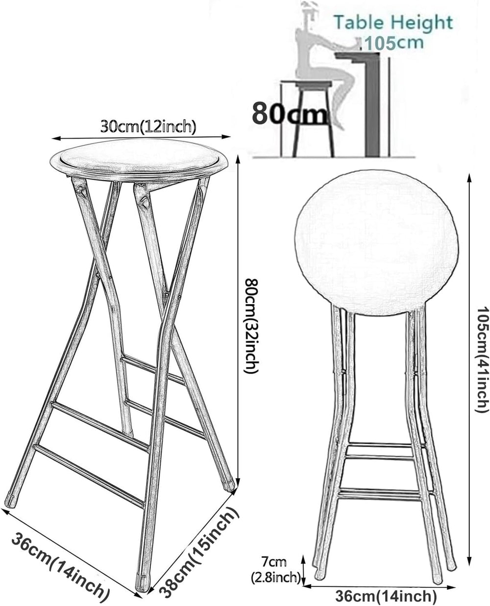 Round Backless Folding Breakfast High Chair, 24"/28"/30" Count...