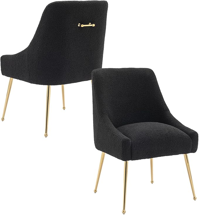 Modern Velvet Dining Chairs Set of 2, Contemporary Upholstered Furniture Collection with Polished Gold Metal Legs, Elegant Accent Chairs for Kitchen Living Room(Teddy Fleece,Black)