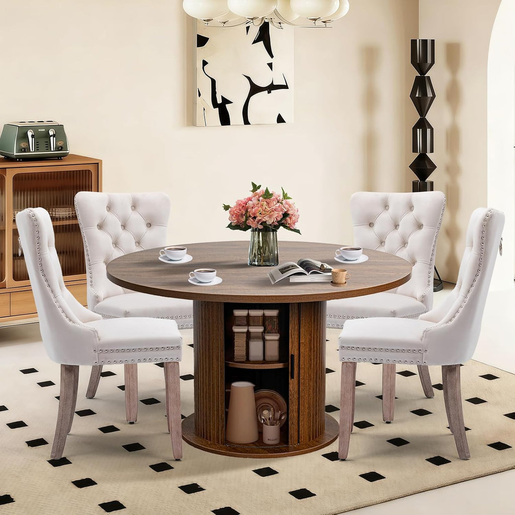 47" Kitchen Round Dining Table 5 Piece Set with Velvet Upholstered Chairs | Multi padded chairs, round oval dining sets for apartments, wipeable tabletop, fits farmhouse & modern decor