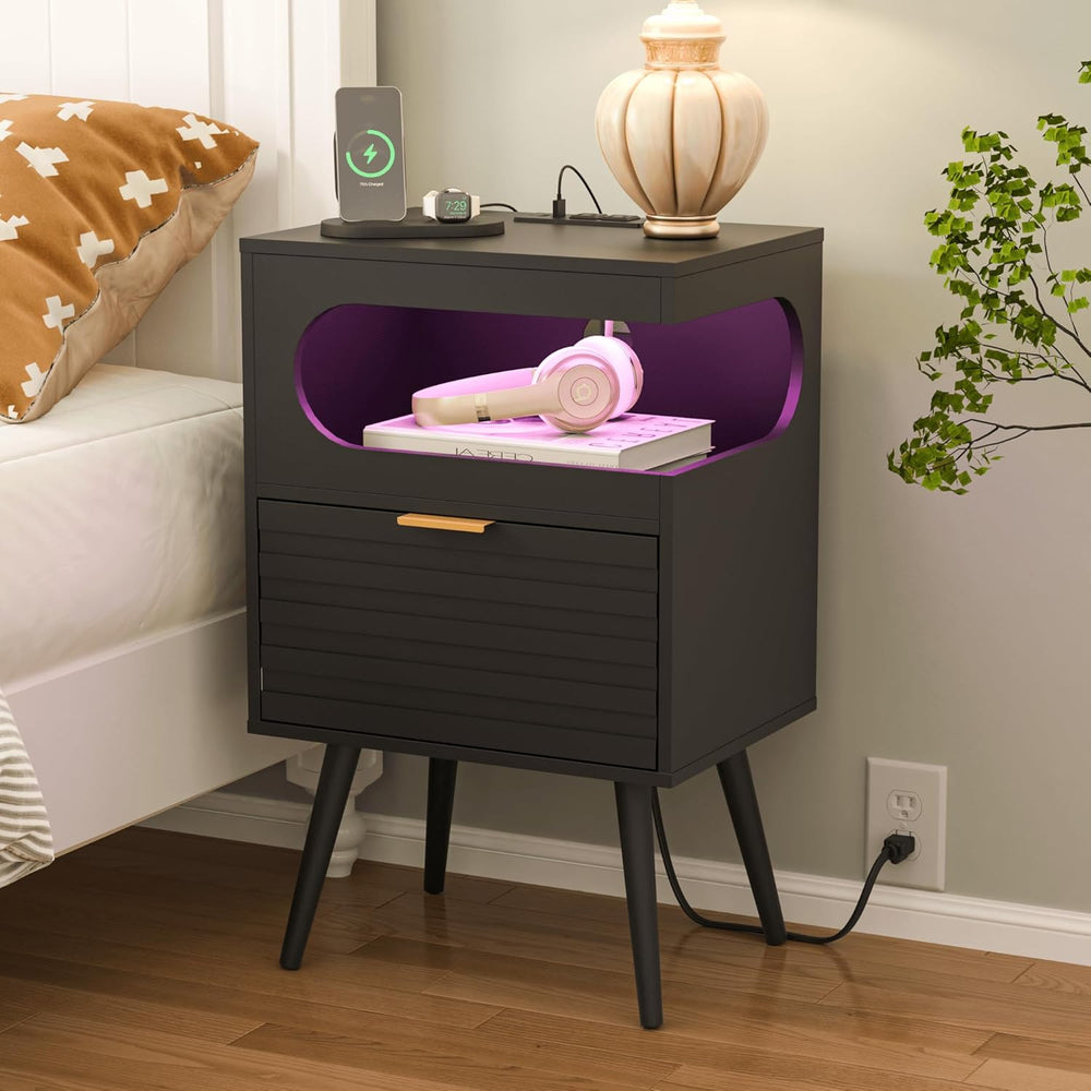Veegle Nightstand,Modern Bedside Table with Storage Drawer and Open Wood Shel...