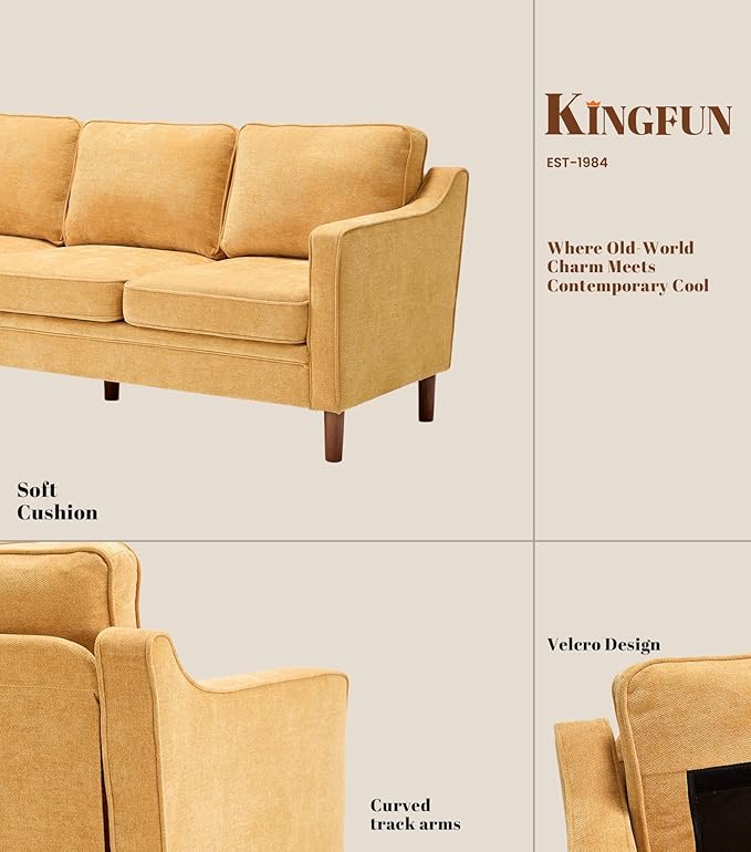 Kingfun 80" Chenille Sofa, 3 Seater Couch, Mid Century Modern Couches with Solid Wood Legs for Living Room, Yellow