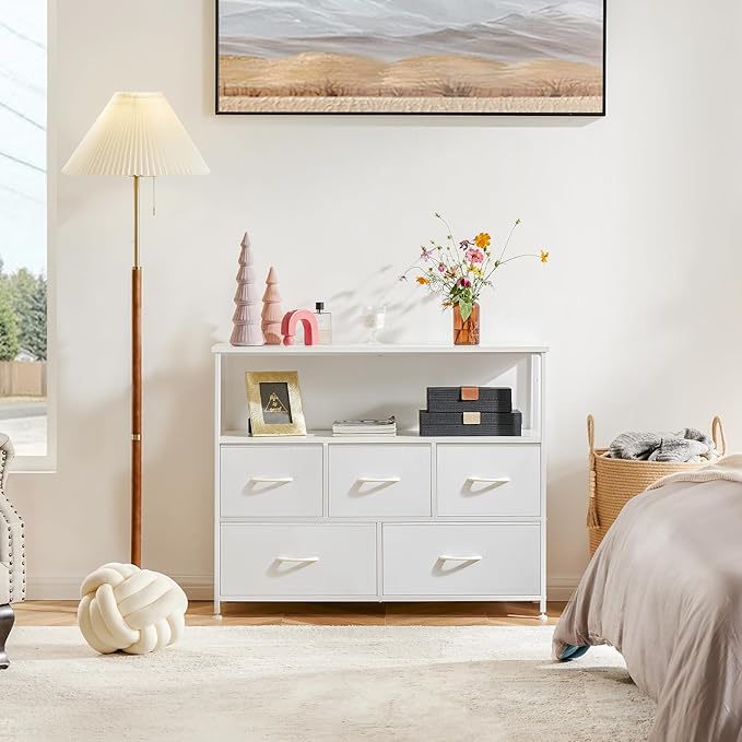 DUMOS TV Stand, Dresser with 5 Fabric Storage Drawers, Media Console Featuring Open Shelf for TV, Compact Entertainment Unit for Bedroom, Living Space, or Dorm Organization, White