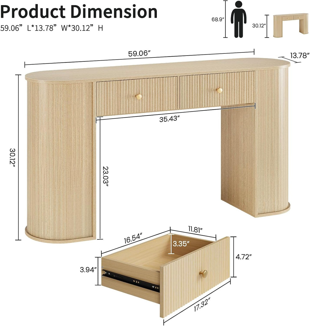 59" Fluted Console Table with 2 Drawers - Wood Entryway Table with Stora...