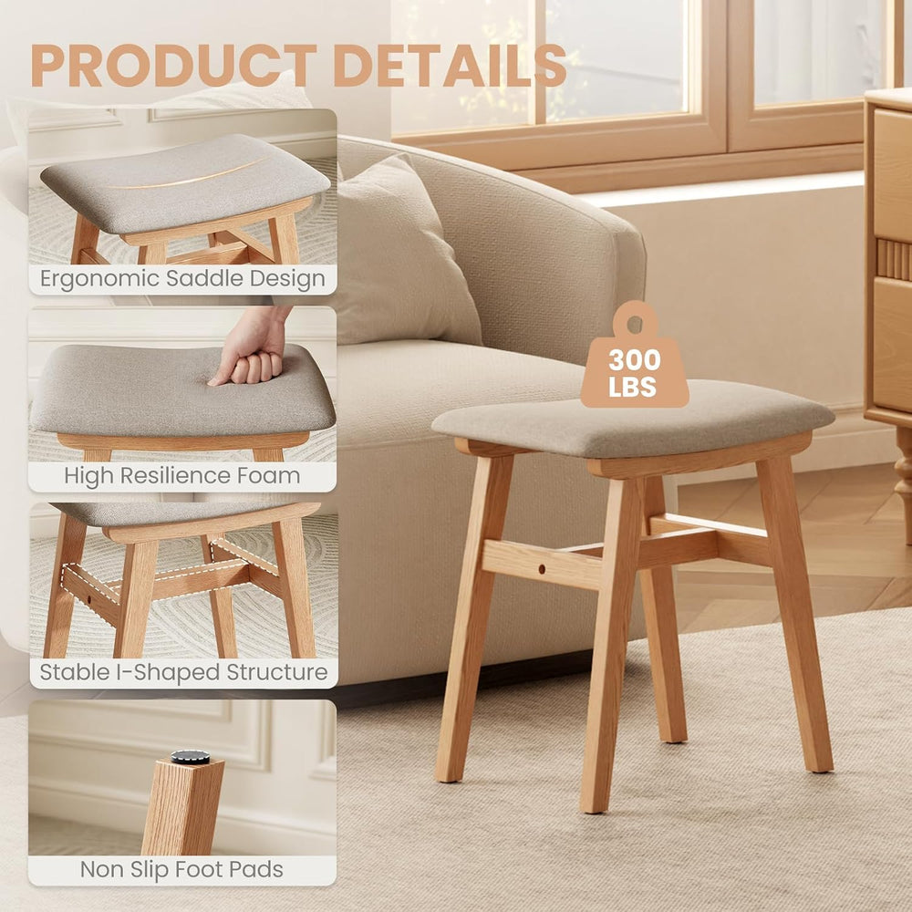 Solid Wood Vanity Stool, Padded Foot Stools Ottoman, Natural