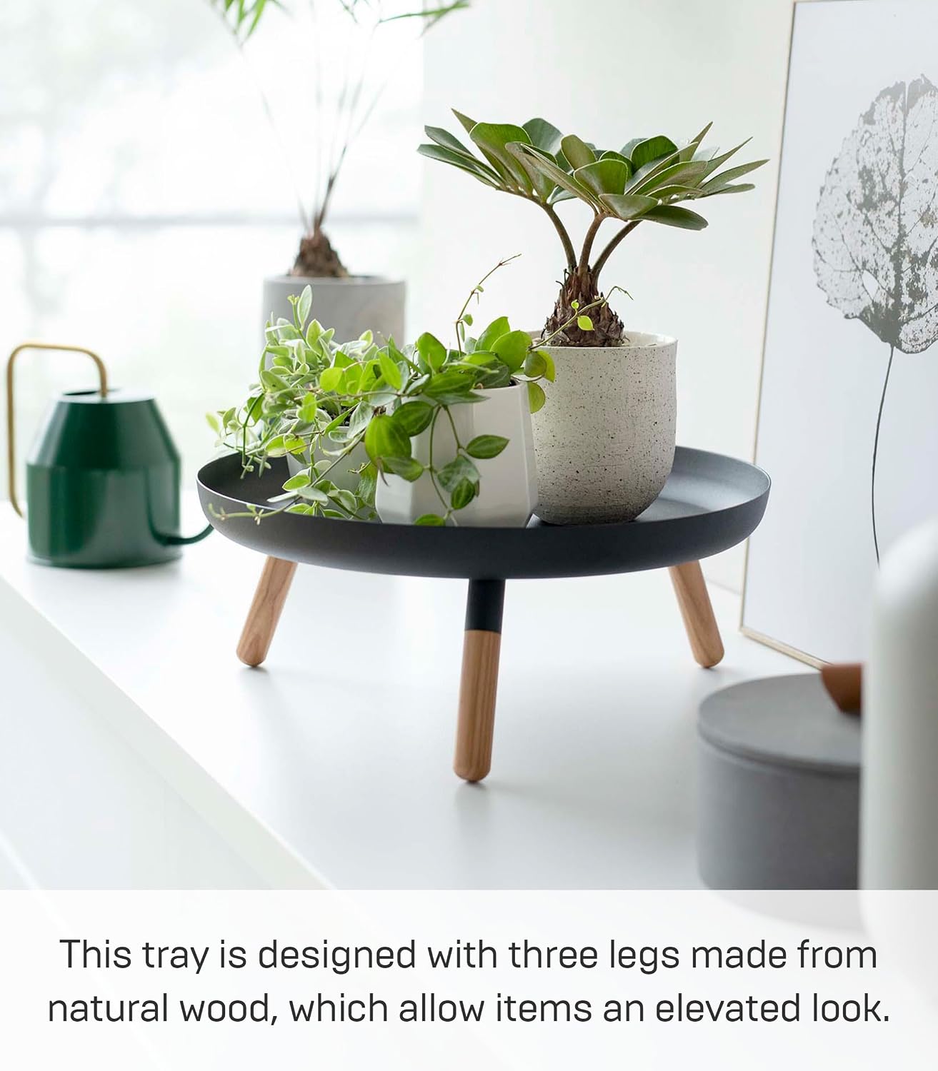 YAMAZAKI Home Plain Metal Pedestal Table Tray with Wooden Legs for Countertop Or Floor, Holds Fruit, Plants, Tea, Steel + Wood