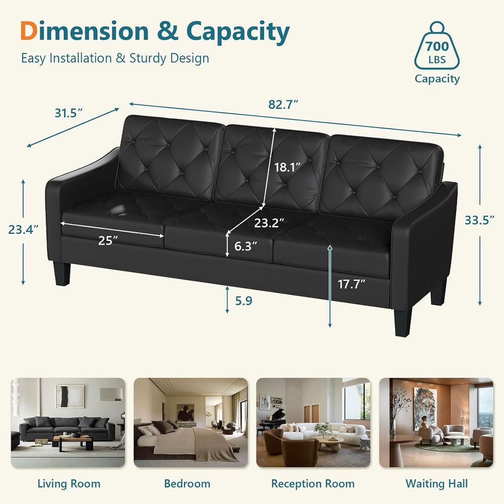 83" Black Faux Leather 3 Seater Couch, Mid Century Tufted Sofa Living Ro...