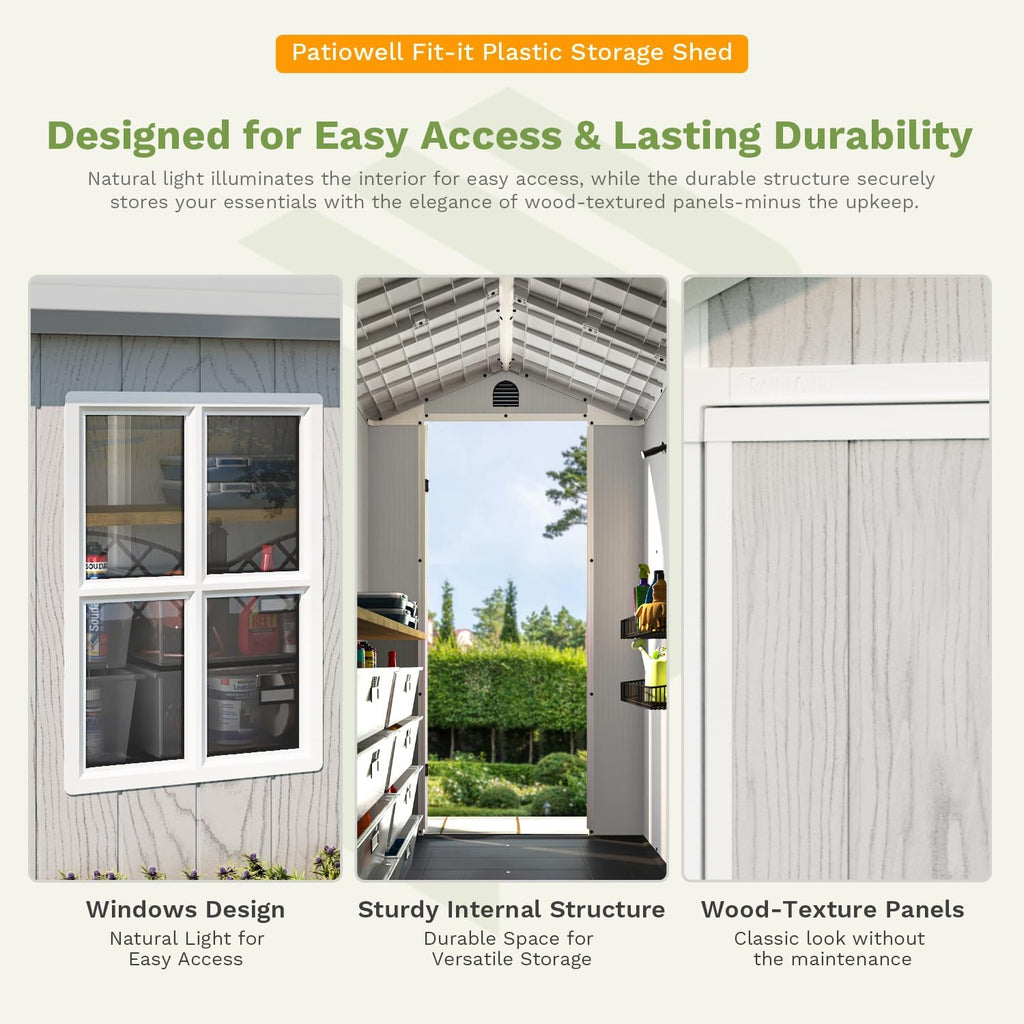 Patiowell 4 x 4 FT Plastic Outdoor Storage Shed with Floor, Garden Tool Shed with Two Windows and Single Lockable Door for Garden, Backyard, Lawn, Easy to Install, Light Grey(Fit-it Shed)