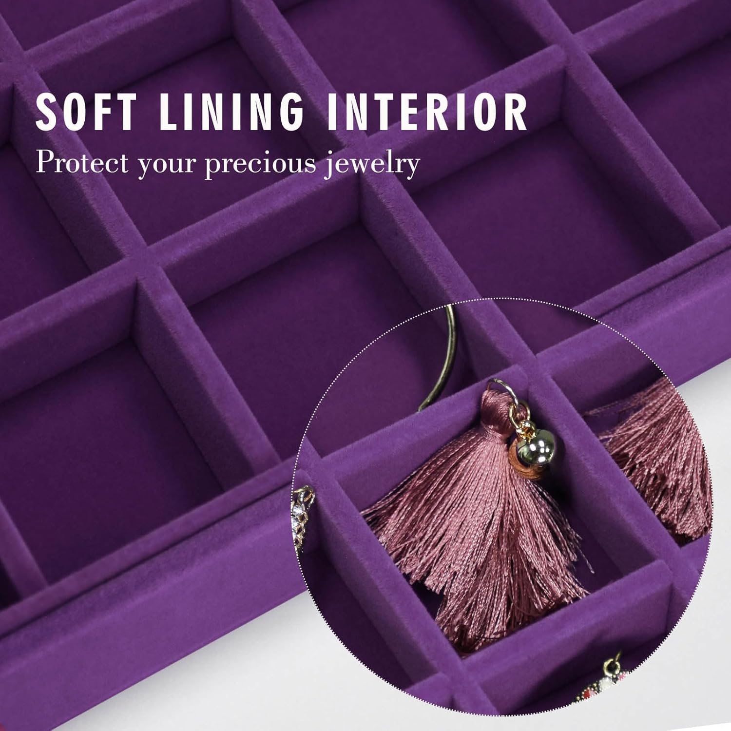 Velvet Jewelry Tray 48 Grid Jewelry Display Tray Organizer Box with Transparent Lid Rings Earrings Necklaces Pendants Display Box Suitable for Women and Girls (Purple)