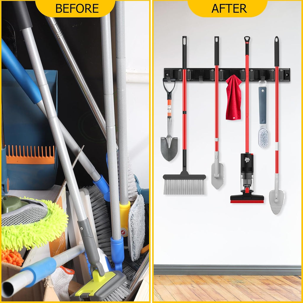 SLIIMU Movable 30'' Broom and Mop Holder Wall Mount with Sliding 7 Racks 8 Hooks, Storage Organizer Wall Hanger, Cleaning Tool Hanging Grippers for Kitchen Bathroom Garden Garage Laundry Home Closet
