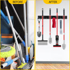 SLIIMU Movable 15'' Broom and Mop Holder Wall Mount with Sliding 3 Racks 4 Hooks, Storage Organizer Wall Hanger, Cleaning Tool Hanging Grippers for Kitchen Bathroom Garden Garage Laundry Home Closet