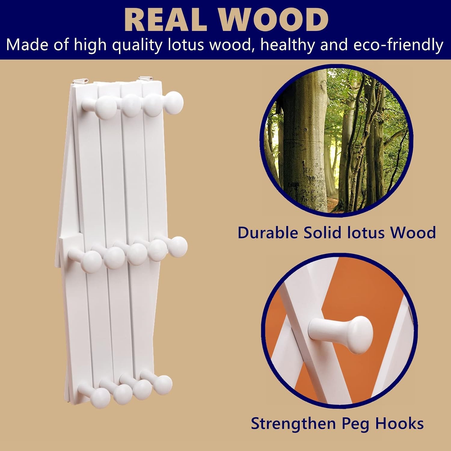 Amber Home Wood Accordion Wall Rack 13 Hooks (Pegs), Expandable Wall Mounted Hanger for Coat, Hat, Scarf, Coffee Mugs, X Shape Coat Hooks (White Color)