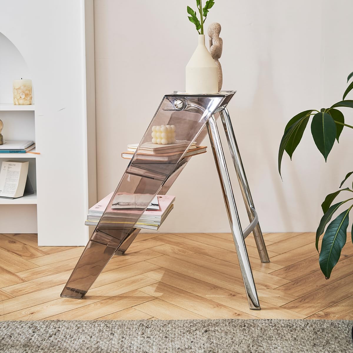 Home Folding Ladder Frame Indoor (Brown) Multi Functional Thick Folding Ladder Stool Simple Creative Anti Slip Plastic Edge Table Ladder Frame