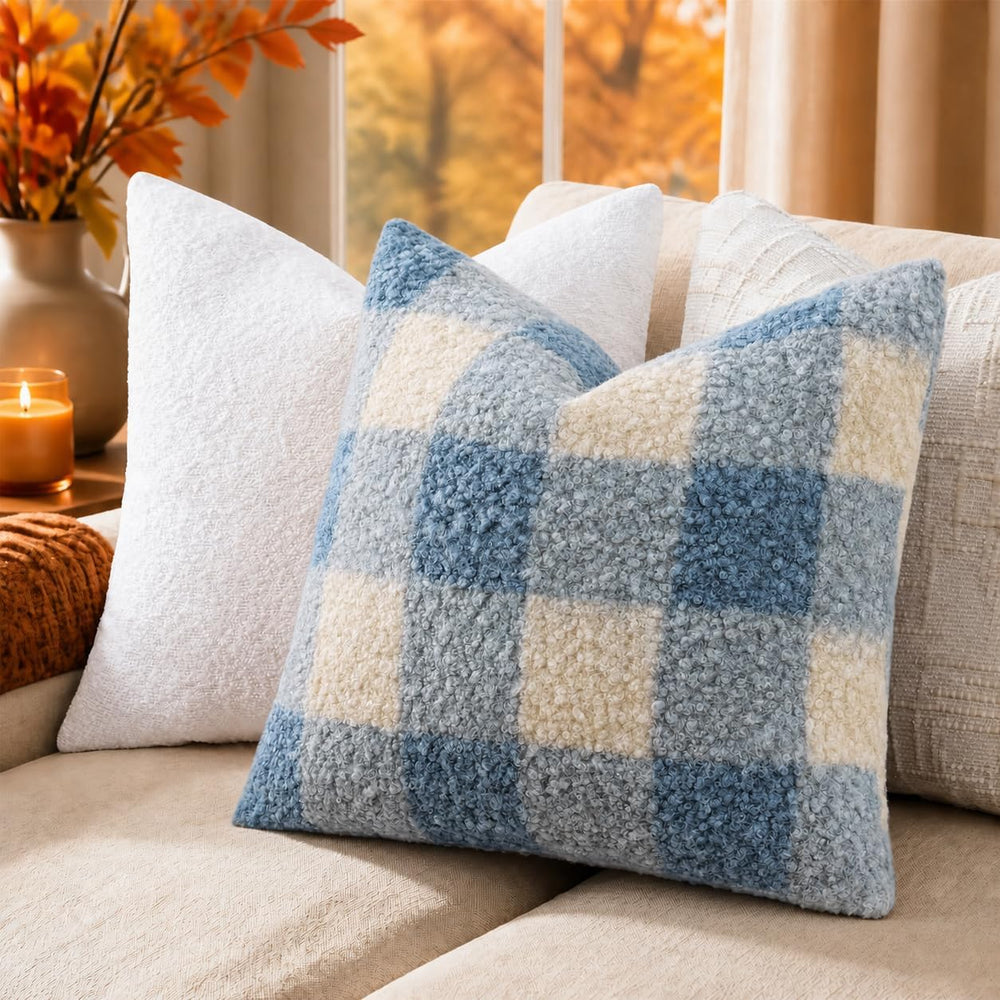 decorUhome Faux Fur Plaid Throw Pillow Covers 24X24 Set of 2 Dusty Blue