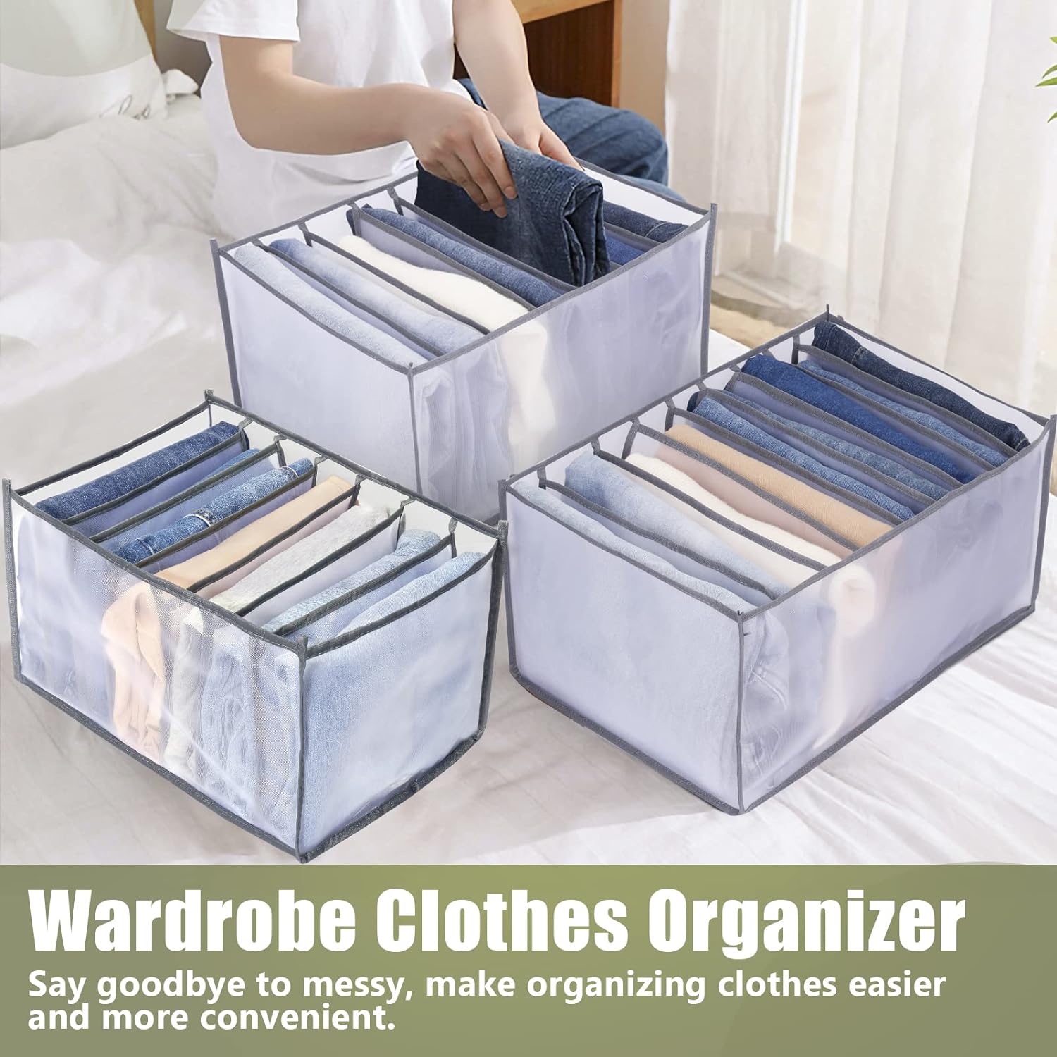 TOOVREN Drawer Organizers for Clothing 6PCS, Wardrobe Clothes Organizer, Dresser Drawer Organizer Clothes Jeans Storage Socks Underwear Organizer (Shirt+Jeans+T-Shirt+Bra+Underwear+Socks Grids, Gray)