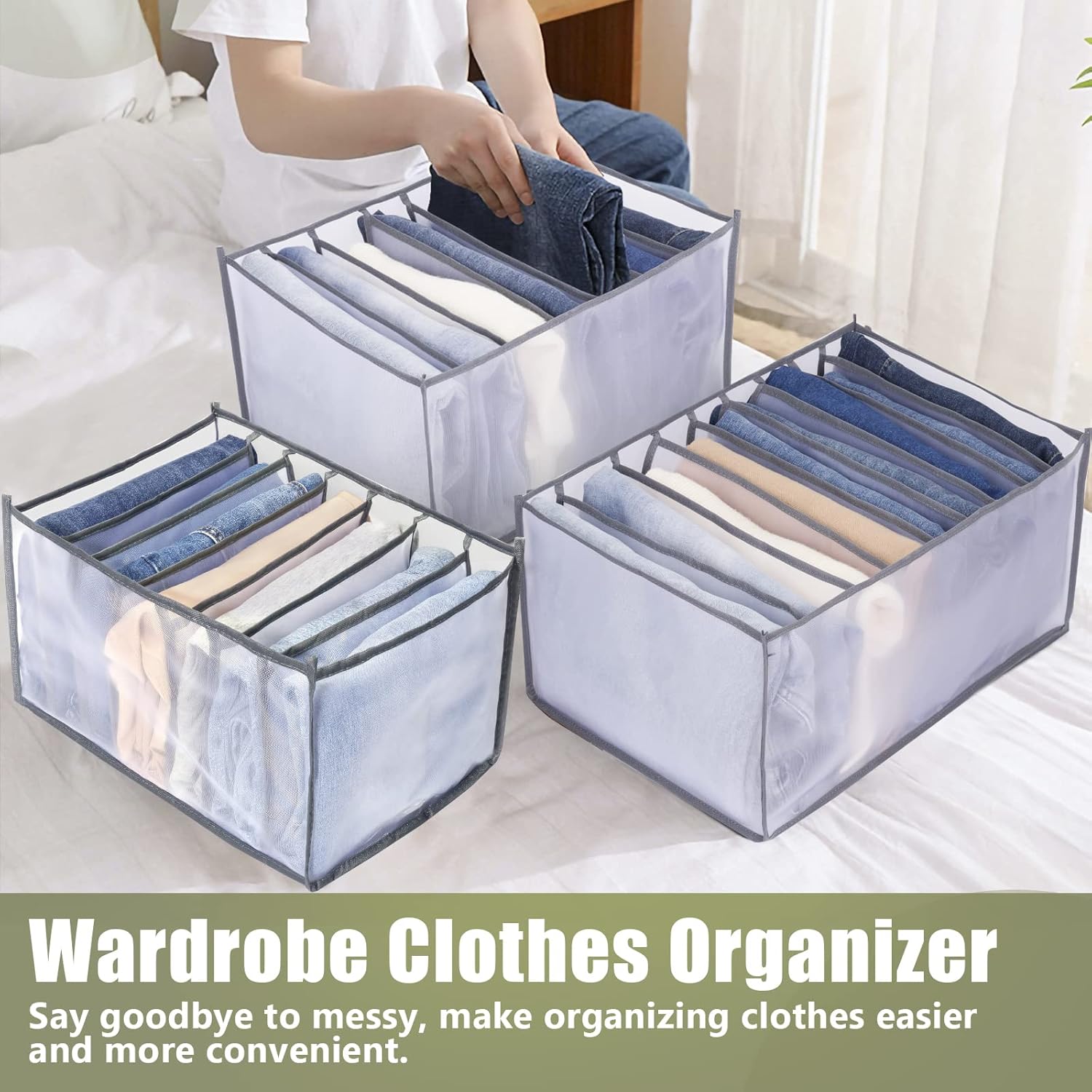 TOOVREN Closet Organizer 5PCS, Clothes & Pants Organizer for Folded Clothes, T-Shirts, Bras, Skirts, Jeans (7 Grids)
