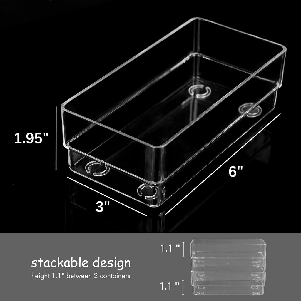 LotFancy Clear Drawer Organizers, 6'' x 3'' x 2'', Set of 3, Drawer Organizer Trays for Desk, Plastic Storage Bins for Bathroom, Makeup, Utensils, Stackable