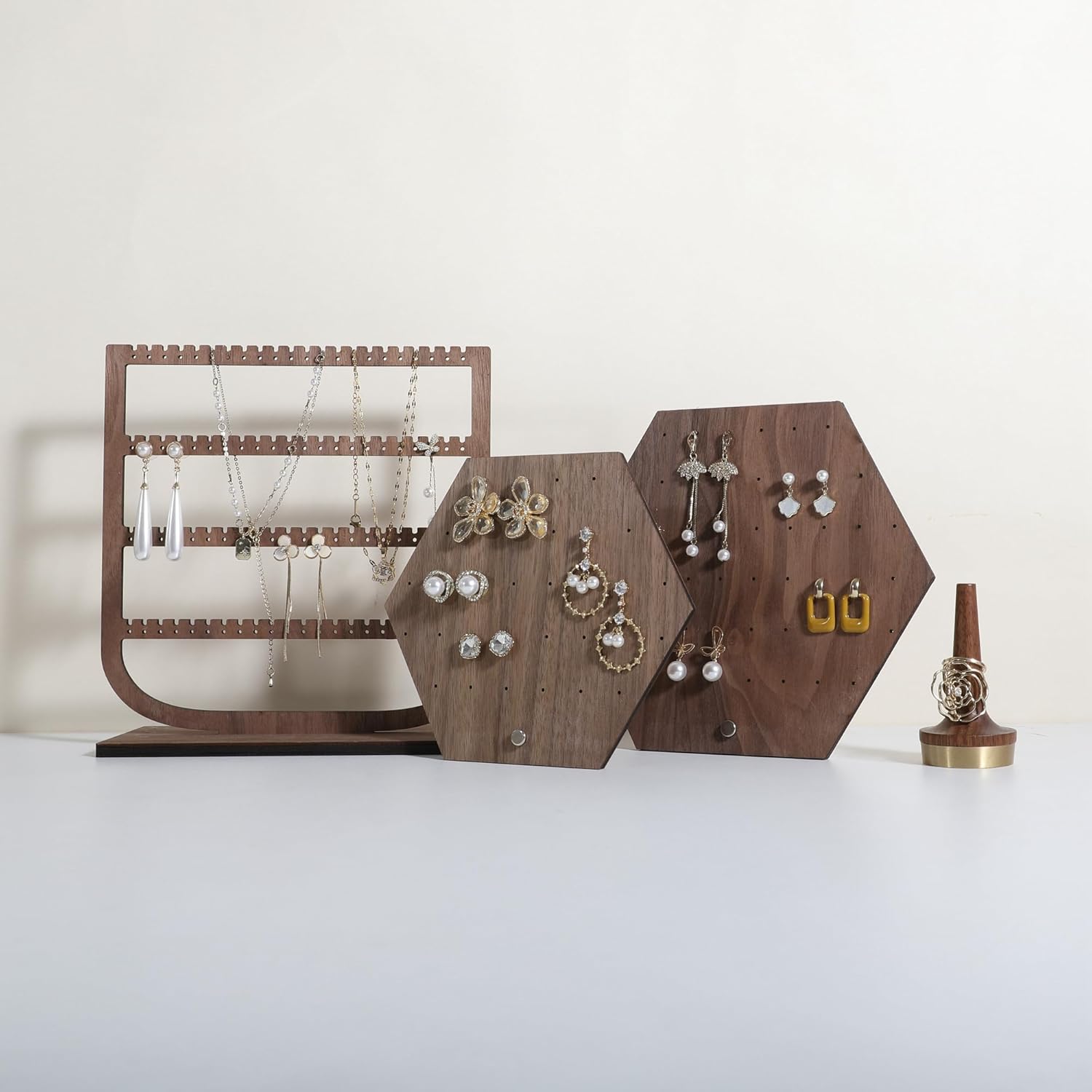 GemeShou Hexagonal Earring Organizer stand, Walnut Plywood Jewelry Display Board for Hanging earring studs, Perfect for Storing and Showcasing Your Jewelry Collection【Set of Two Size】