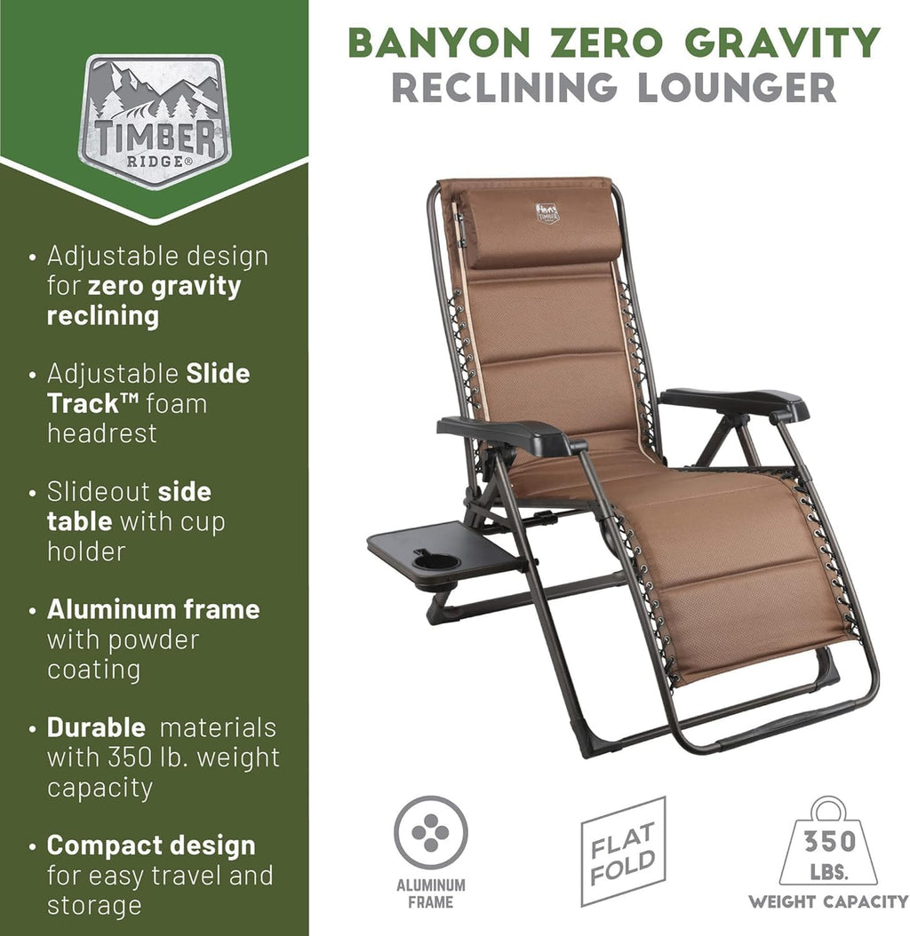 Timber Ridge Aluminum Zero Gravity Chair Set of 2, 350 lb Capacity Each | Padded Foldable Lounger with Side Table and Sliding Headrest; Reclines from 0° to 170° for Camping, Lawn, Patio or Indoor Use