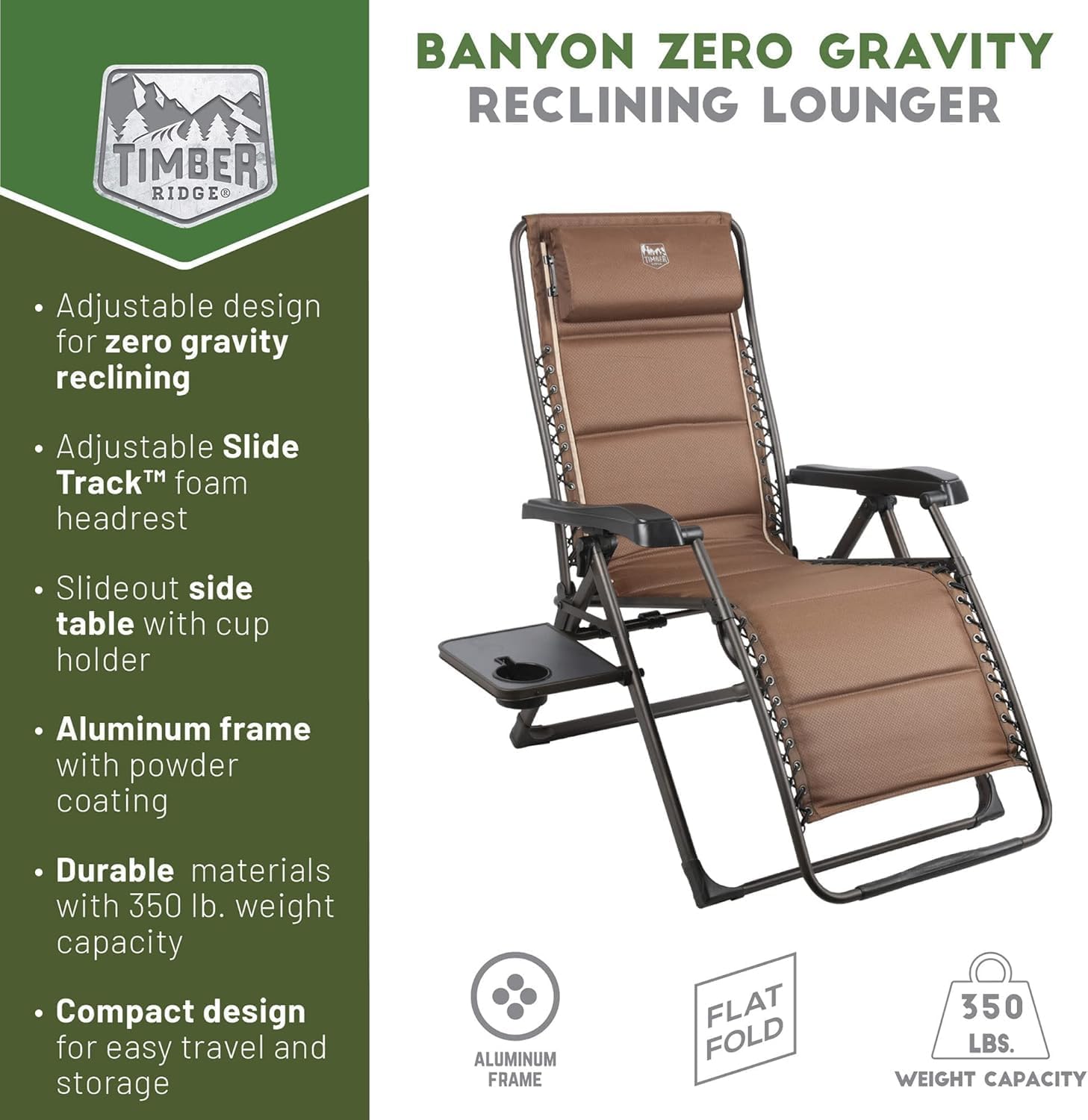 Timber Ridge Aluminum Zero Gravity Chair Set of 2, 350 lb Capacity Each | Padded Foldable Lounger with Side Table and Sliding Headrest; Reclines from 0° to 170° for Camping, Lawn, Patio or Indoor Use