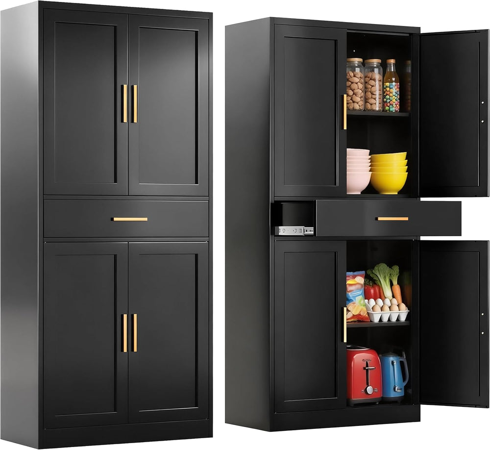 Kitchen Pantry Cabinet, 71”H Metal Storage Cabinet with 1 Drawer, Doors and 2...