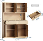 Takywep 71" Tall Kitchen Pantry Cabinet with Charging Station, 47" Wide Storage Hutch with Microwave Stand & Countertop, 8 Doors & 2 Drawers Food Pantry for Dining Room, Nature