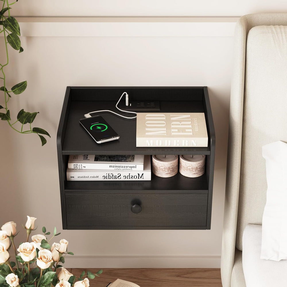 Floating Nightstand Set of 2 Modern Night Stands with Drawer and Open Shelf |...