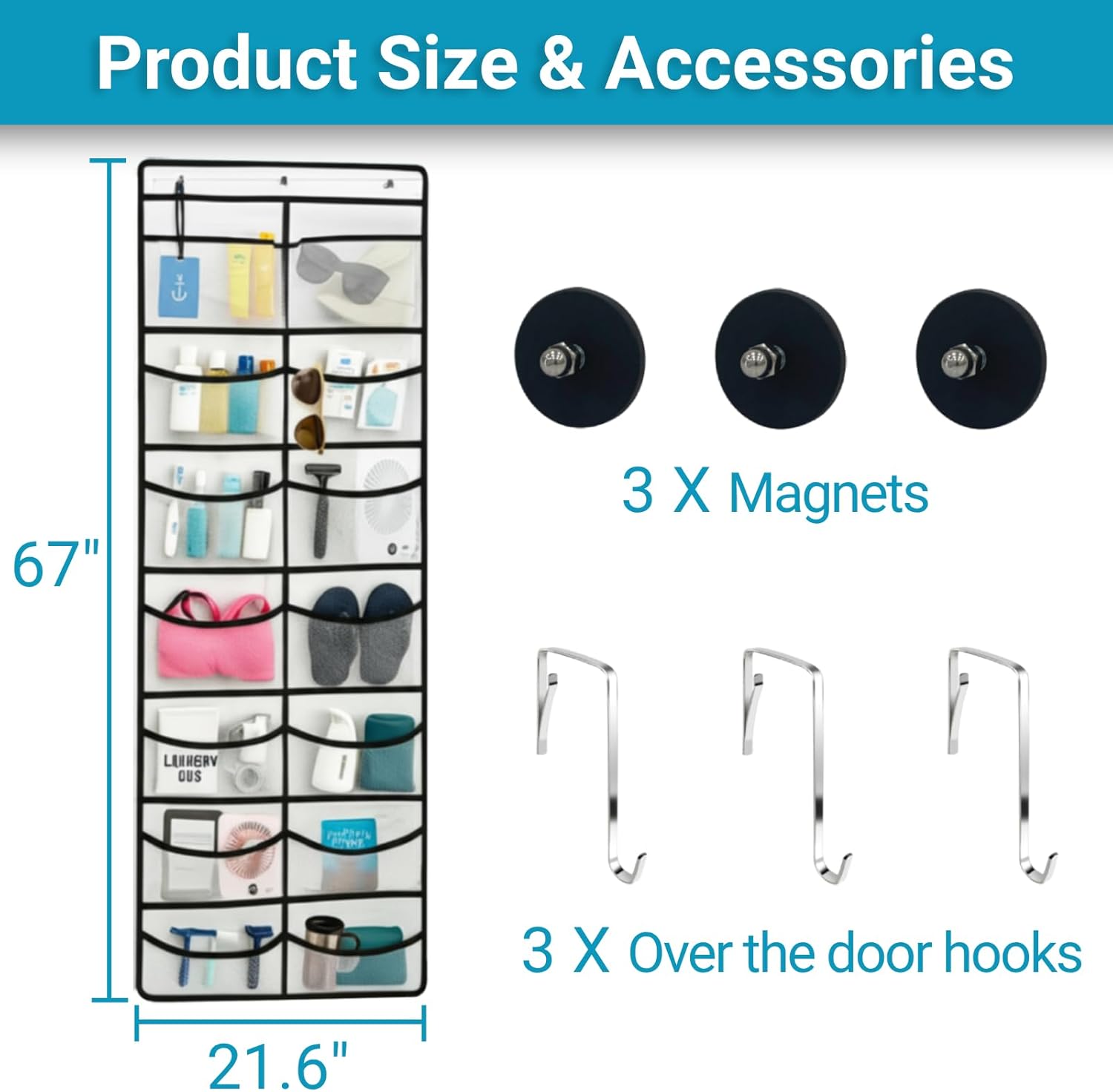 Magnetic Cruise Organizer, 14 Large Durable Pockets Over The Door Organizer For Cruise Ships, Magnetic & Hanging Cruise Organizer, Cruise Essentials 2026 （ 67" x 21.6"）