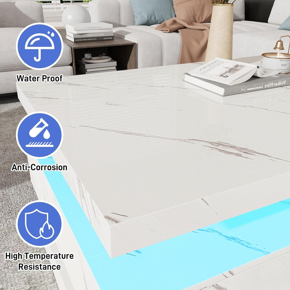 47.2 Inch Modern High Glossy LED Coffee Table with 2 Sliding Drawers, Double-...