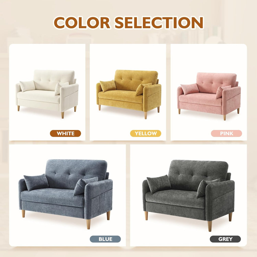 Urhanherry 47" Small Sofa Couch for Bedroom, Soft Chenille loveseat Mini Couch with Throw Pillow and Removable Cushion Cover for Small Spaces, Living Room, Apartment, Dorm, Office(Pink)