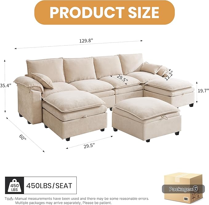 130" U Shaped Modular Sectional Sofa, Couch with Ottoman Storage, Chenille Cloud Couch with Plush Deep Seating for Living Room, Bedroom (Beige, 7 Seat)