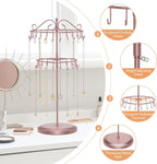 iDavosic.ly 2 Tier Rotating Necklace Holder Organizer with 42 Hooks, Adjustable Metal Bracelet Display Stand Rack, Extra Tall Keychain Spinning Tree Tower for Women, Rose Gold