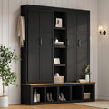 Modern 63'' Wide Hall Tree with 6 Hidden Hanging Hooks, Brown Wood Grain Minimalist Shoe Cabinet with Open Compartments, Entryway Coat Rack for Living Room Hallway (Black-4.23)