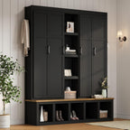 Modern 63'' Wide Hall Tree with 6 Hidden Hanging Hooks, Brown Wood Grain Minimalist Shoe Cabinet with Open Compartments, Entryway Coat Rack for Living Room Hallway (Black-4.23)