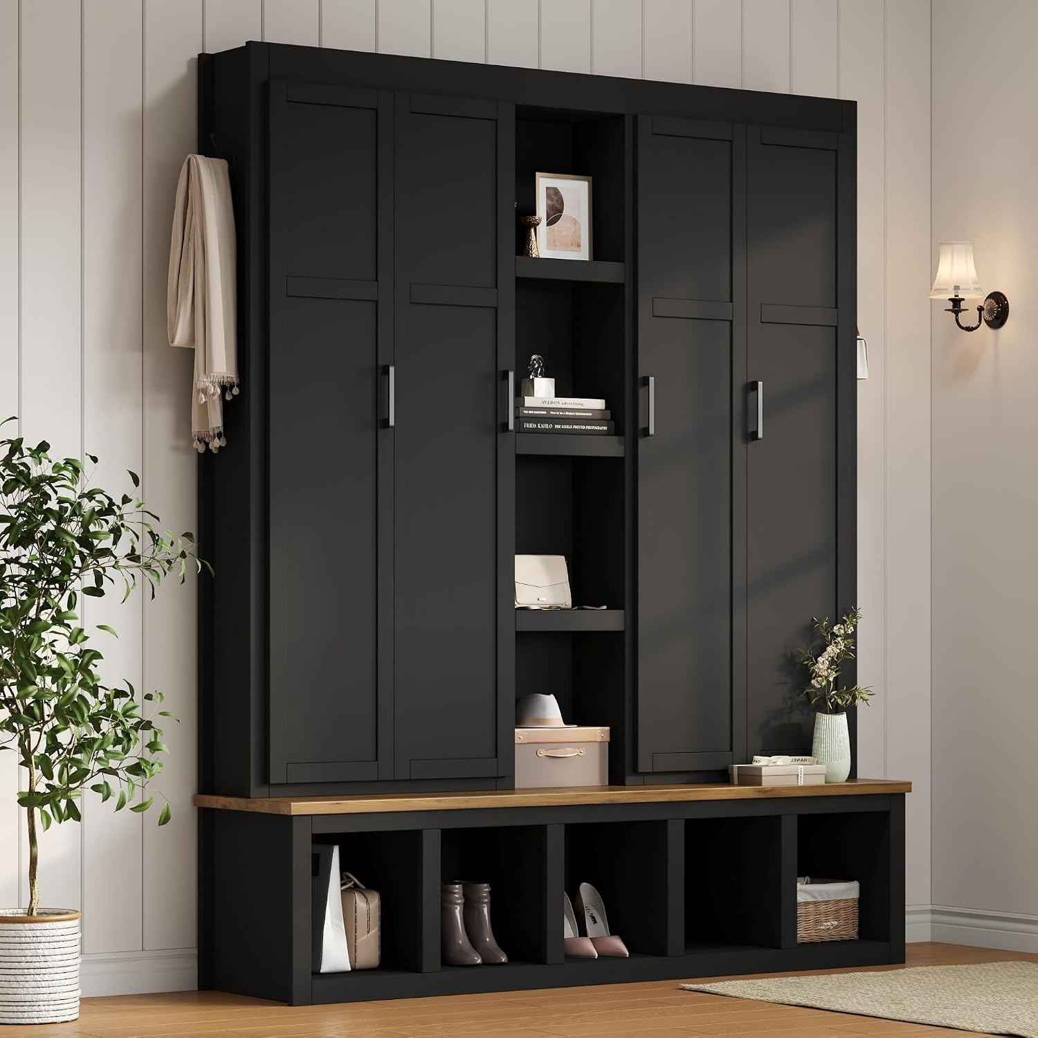 Modern 63'' Wide Hall Tree with 6 Hidden Hanging Hooks, Brown Wood Grain Minimalist Shoe Cabinet with Open Compartments, Entryway Coat Rack for Living Room Hallway (Black-4.23)