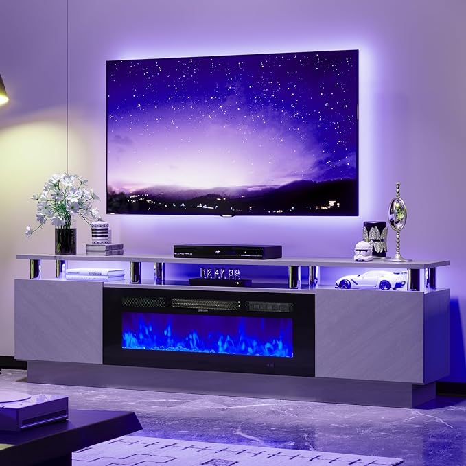 70" TV Stand for Living Room, Entertainment Center with Storage Cabinet, Fits TVs up to 80", Modern Media Console with Shelves, 36" Electric Fireplace (Grey+Black)