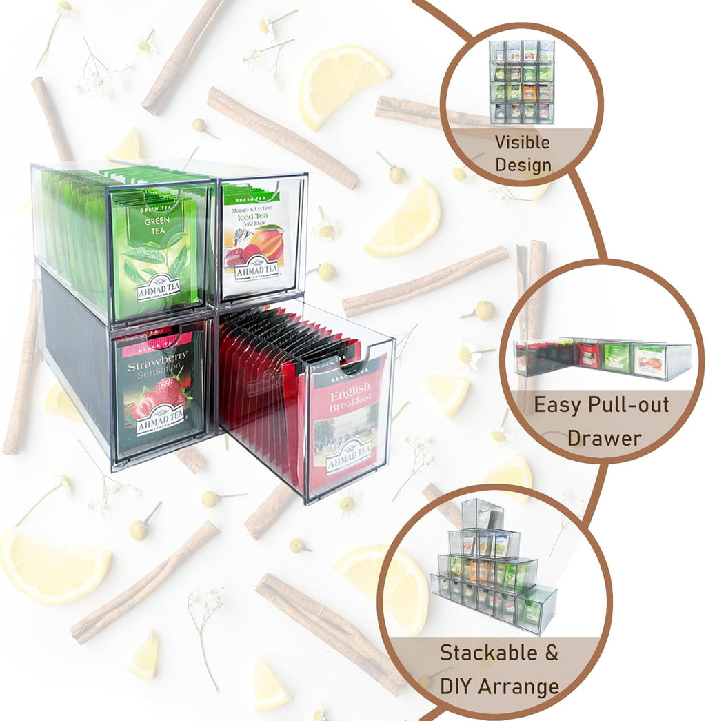 4-Pack Tea Bag Drawers Organizer - 4 Clear Plastic Drawer Tea Bag Holder; Stackable & Portable; Wider Size; Well-Organized Storage for Tea Bags & Kitchen Essentials