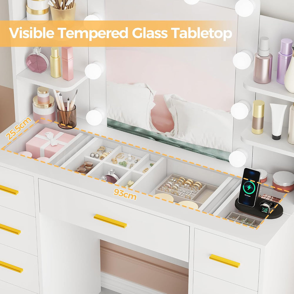 BEWISHOME Large Vanity Desk with Mirror and Lights,Glass Top,9 Drawers | Whit...