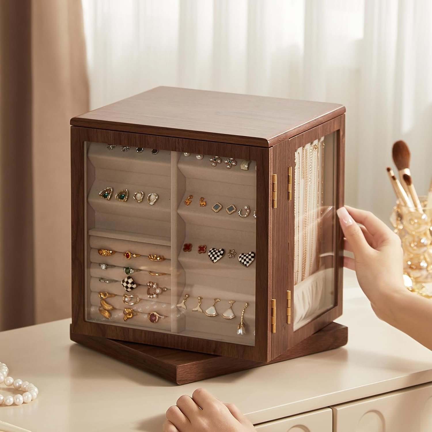 CHOSIN Black Walnut Wooden Jewelry Box, 360° Rotating Organizer with Glass Lid, 5 Drawers for Earrings, Rings, Necklaces – Vertical Jewelry Storage for Women Christmas Gifts