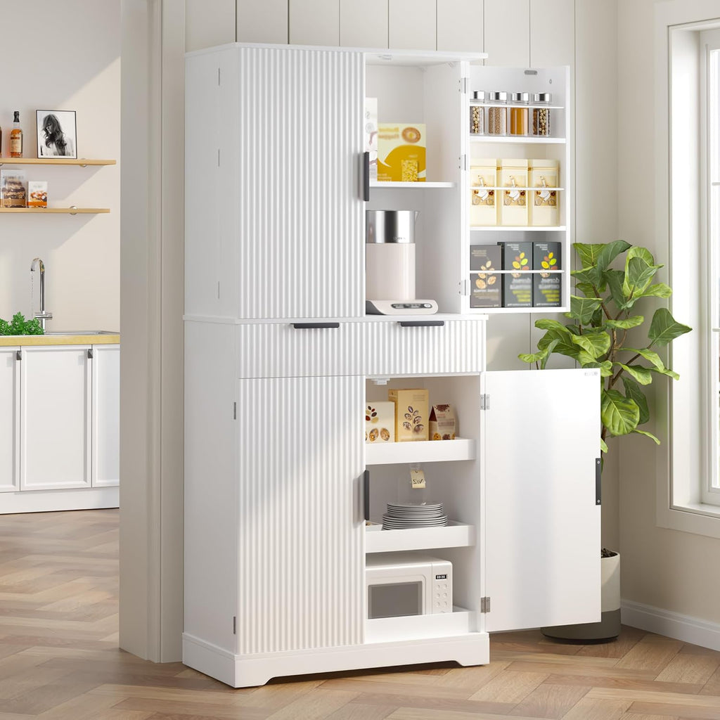 72" Tall Fluted Kitchen Pantry Cabinet with 3 Drawers 6 Adjustable Door Shelves Large Freestanding Storage Cupboard for Kitchen Bathroom Dining Room Office Entryway White