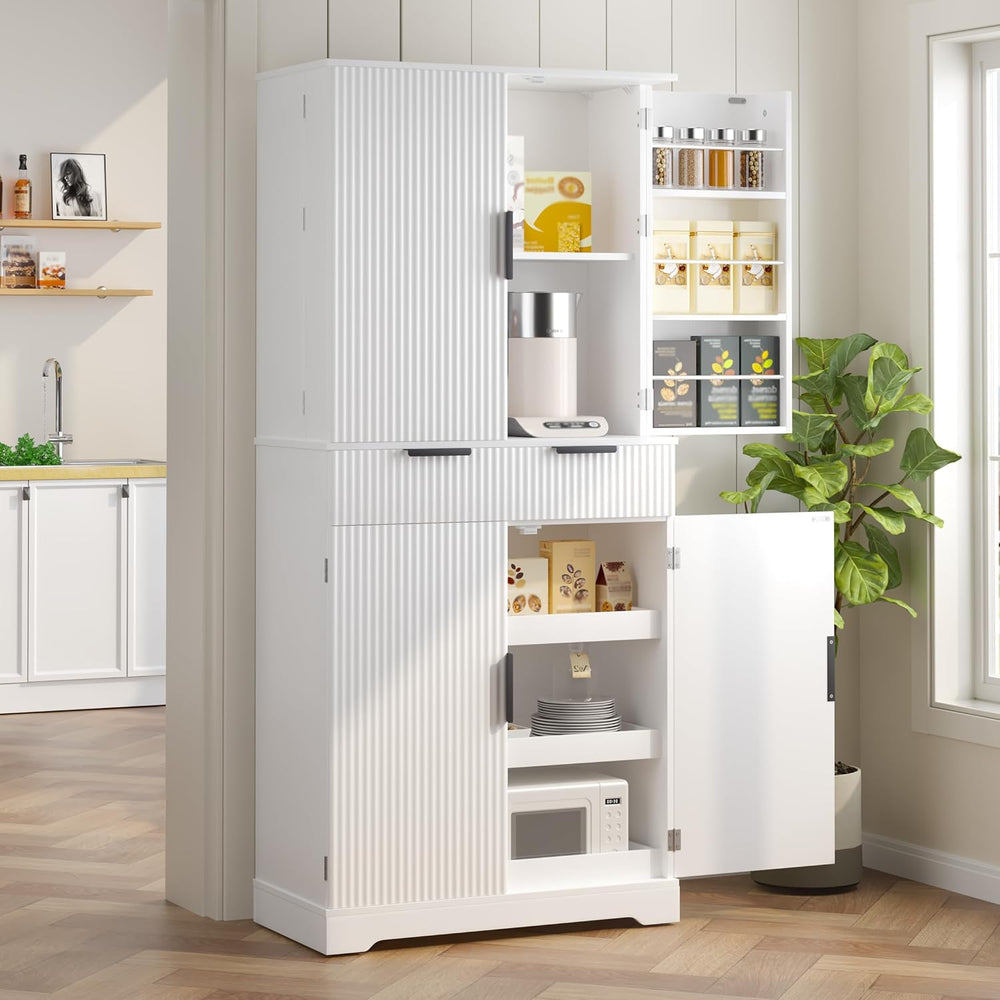 Tall Freestanding Pantry with Grooved Doors – MDF Storage Unit with 3 Pull-Ou...