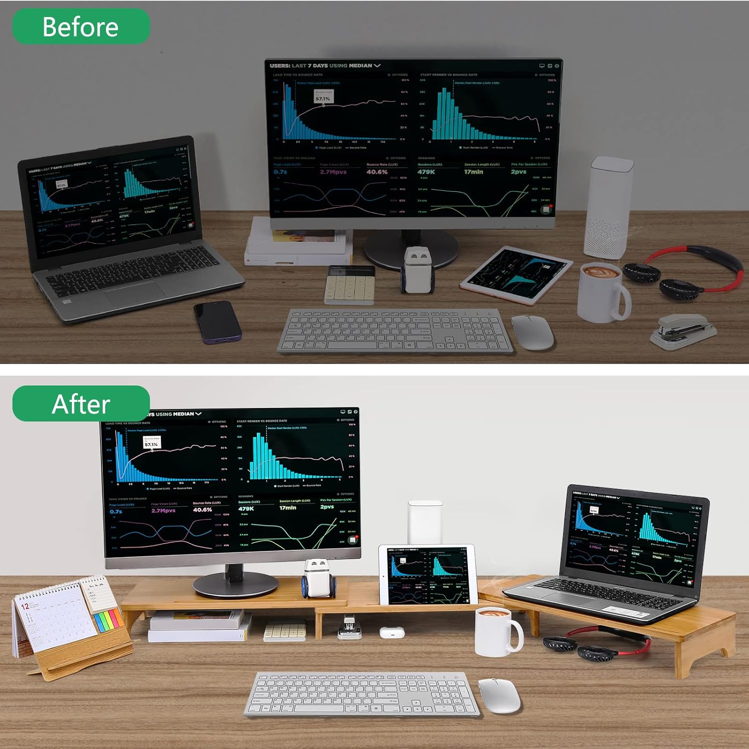 Nnewvante Monitor Stand Riser, 60 inch Large Bamboo Dual Monitor Stand for Desk, 3 Shelves Desktop Screen Riser with Adjustable Length Angle for Computer Laptop PC