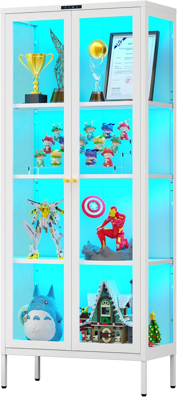 Polup Metal Glass Display Cabinet with Glass Doors, Lighted Curio Cabinet wit...