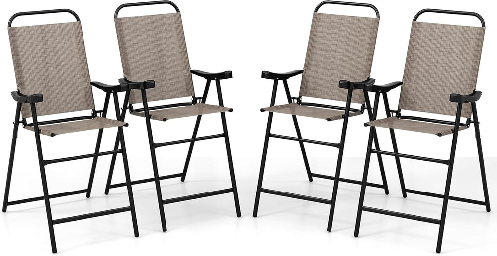 COSTWAY 4 Pieces Patio Folding Bar Chairs with Metal Frame, Footrest, Arms