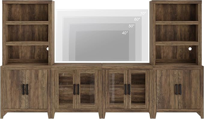 WAMPAT Entertainment Center with Bookshelves, 4-Piece Modular TV Stand with Storage Towers, Farmhouse Media Console with Glass Doors for Living Room, Bedroom, Brown