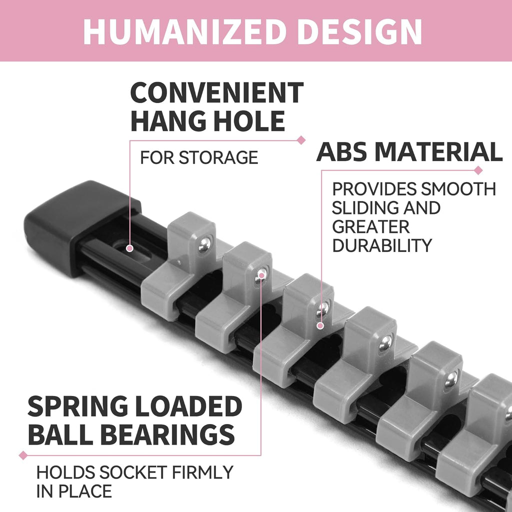 Socket Organizer Drive ABS Tools - Grey Socket Holder, Premium Quality 9 Pieces Socket Holders Kit 1/4-Inch x 48 Clips, 3/8-Inch x 45 Clips, 1/2-Inch x 36 Clips（9PC,Grey)