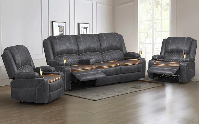 3 Seater Recliner Sofa Set with 2-Tier Cushion, 3+1+1 Pieces in Living Room, 3 Seater Reclining Couch Velvet Fabric with Removable Console, 2 Oversize Recliner Chair Sofa Seat - Grey