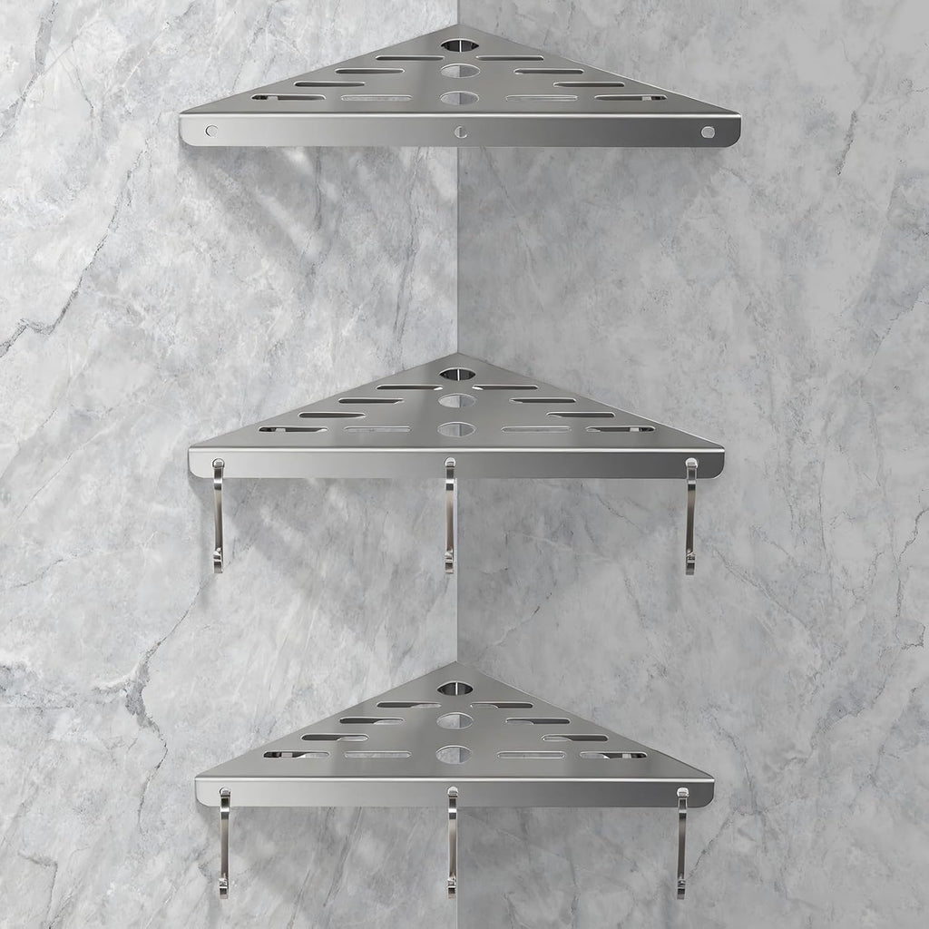 Shower Corner Shelf 304 Stainless Steel Shower Caddy 3 Tier Shower Organizer Niche Extra 6 Hangers Shelves 40 lbs Large Capacity Bathroom Storage for Inside Anti-Rust Drilling Installation(Silver)